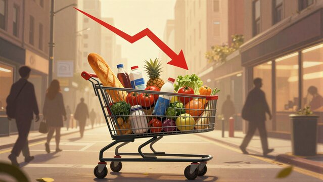 Grocery cart overloaded with food, red arrow points down indicating price drop.
