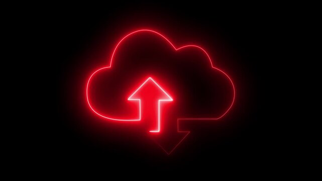 Glowing neon cloud storage with up and down arrows, looped animation. Cloud space and technology, data backup icon. Upload and download concept. cloud computing upload icon