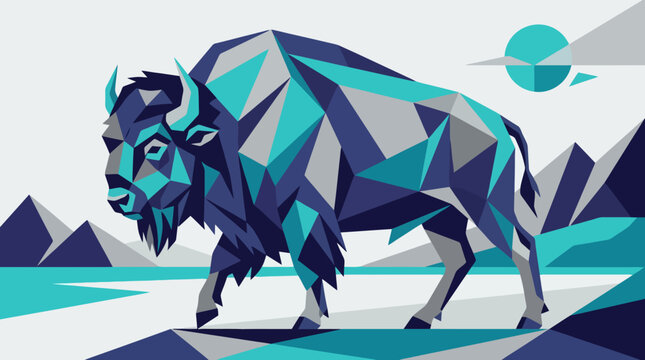 Low poly geometric bison illustration with mountains in a landscape