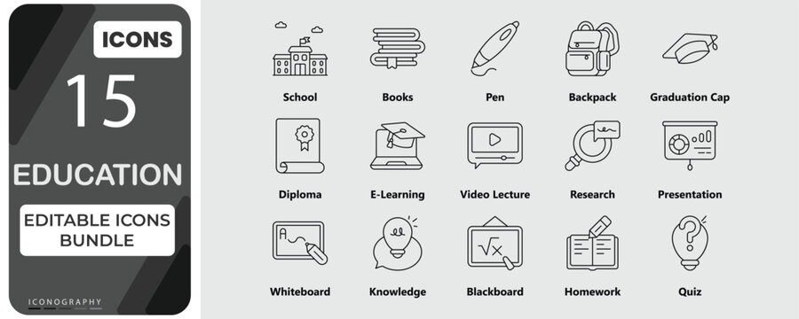 Education Icons Bundle &ndash; School, Learning and Academic Flat Vector Set