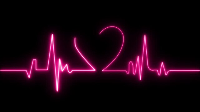 Glowing pink neon heart shape integrated into a continuous electrocardiogram pulse line on a solid black background representing love and health