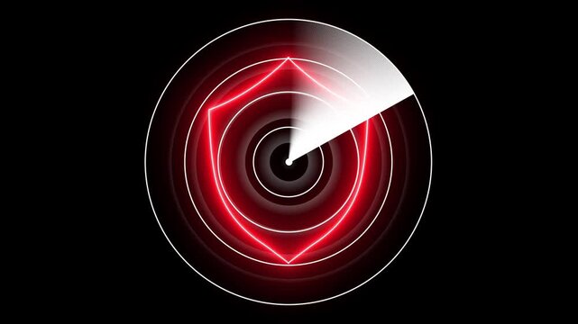 Digital padlock or shield safety security icon on radar screen. Radar concept. Digital realistic radar with targets on monitor in searching. digital grid and scanning beam. 4k
