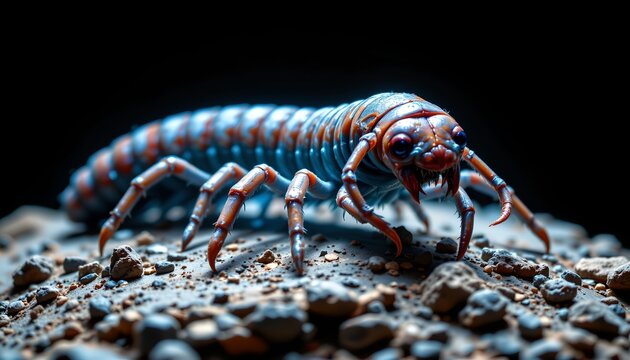 The image features a close up of a detailed, brightly colored millipede with numerous segmented legs, positioned on a rocky, gravelly surface