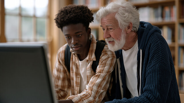 Intergenerational tutoring session where a college student with a backpack coaches an older adult at a community library computer terminal, both leaning toward the monitor with