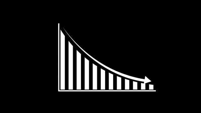 White bar chart showing a downward trend with a curved arrow indicating a decline in performance isolated on a black background