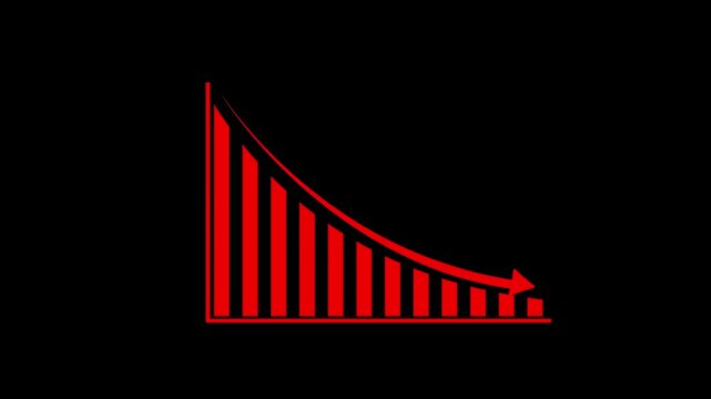 Red bar chart showing a downward trend with a curved arrow indicating a decline in performance isolated on a black background