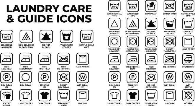 Laundry care and guide icons set, black garment wash instructions symbols, fabric cleaning and ironing label signs, vector EPS collection