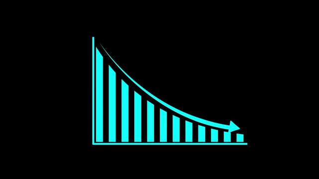 Cyan bar chart showing a downward trend with a curved arrow indicating a decline in performance isolated on a black background