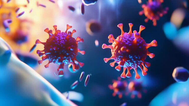 Virus particles with spike proteins infecting and replicating within human cells, representing a biological threat, infectious disease, and immunology research at a microscopic level