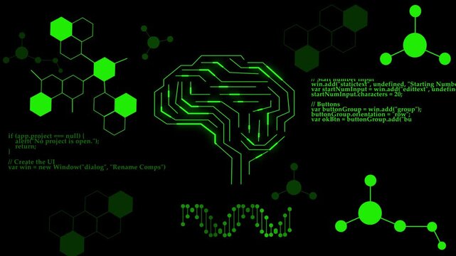 Technology animation wires digital brain structures. Analytical technology animation loops green computer code snippets. Medical technology animation maps mind biology lines.