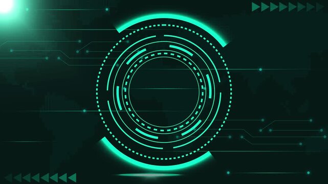 Technology animation rotates circular HUD tracking systems. Modern technology animation flashes teal user interface rings. Clean technology animation maps global network charts.
