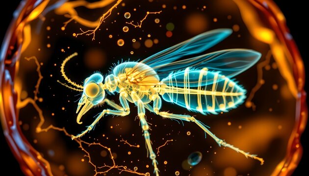 The image features a highly detailed, glowing depiction of a small insect resembling a wasp or gnat suspended within a clear, rounded environment