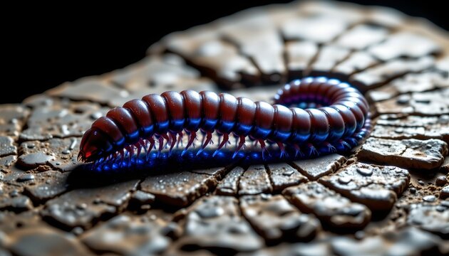 The image features a close up view of a brightly colored millipede resting on a textured, cracked surface