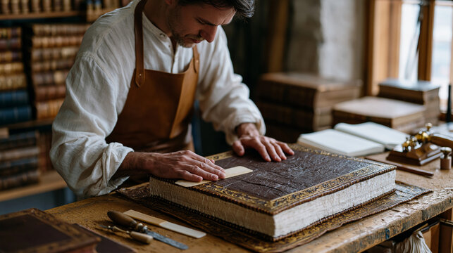 Bookbinder in a warm workshop presses a hand-sewn leather cover onto a restored manuscript block, bone folder and gilding tools arranged on the bench, stacks of antique volumes
