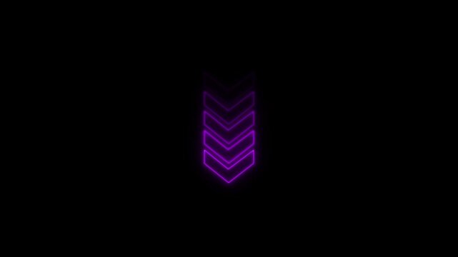 Glowing purple neon arrow sign pointing downwards on a solid black background for digital interface navigation and motion