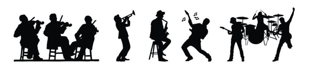 Elaborate black silhouette sequence of an entire musical ensemble, featuring a string trio, a trumpet player, a seated saxophonist, an energetic guitarist, a bassist, a drummer, and a rock vocalist. © Tharusha