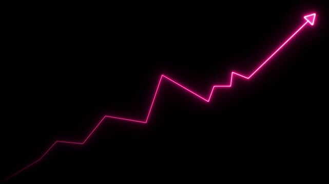 Glowing pink neon line graph arrow pointing upwards isolated on a black background for financial growth and business success concepts