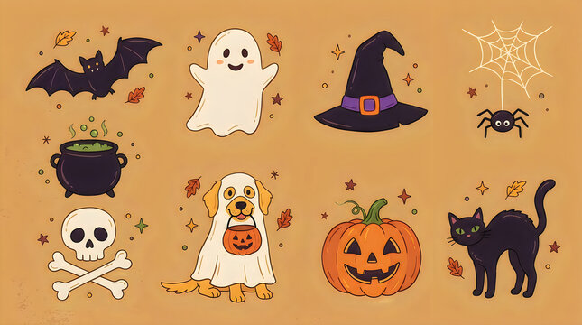 Cute halloween set with ghost witch hat pumpkin dog cat bat spider skull and potion for autumn party design