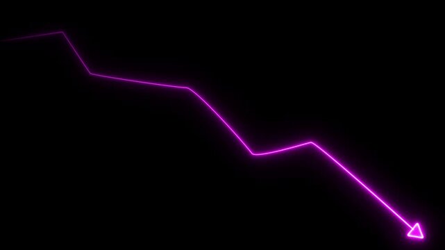 Glowing neon magenta line graph showing a downward trend with an arrow pointing to the bottom right corner against a solid black background