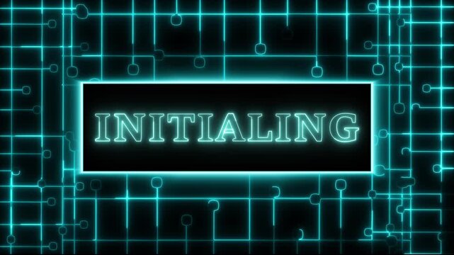 Animation updates cyan neon system initiation labels. Technical animation wires digital circuit board layouts. Modern animation loops electronic machine terminal scripts.