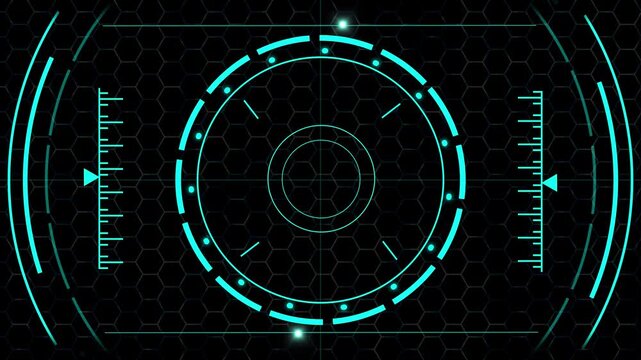 Heads up display animation panels cyan HUD screens. Technical heads up display animation spins circular targeting reticles. Minimal heads up display animation templates scales.