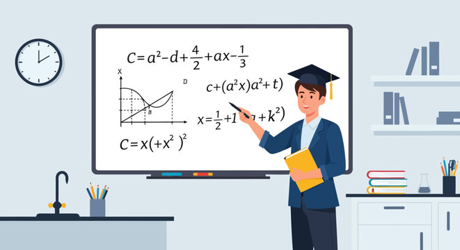 Young male student wearing graduation cap pointing at complex math equations on a whiteboard.