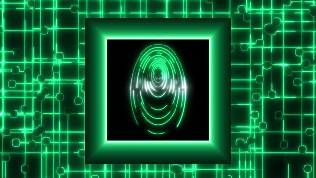 Biometric animation scans green neon fingerprint marks. Technical biometric animation frames square interface lines. Safe biometric animation screens circuit board networks.