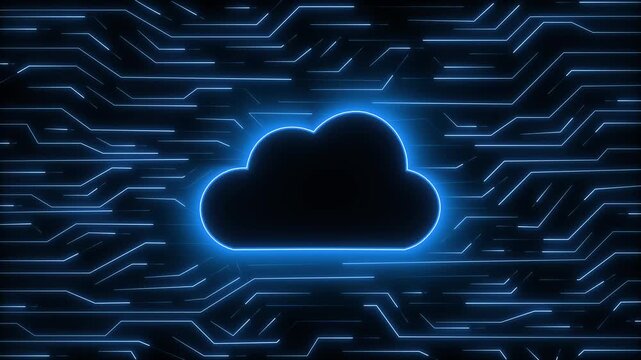 Cloud computing data animation glows blue system files. Connected cloud computing data animation tracks circuit boards. Privacy cloud computing data animation shields servers.