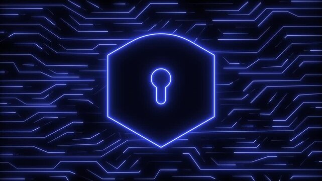 Security protection animation locks neon blue shield symbols. Privacy security protection animation marks circuit lines. Safe security protection animation secures server systems.
