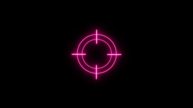 A glowing pink neon target reticle with circular rings and crosshairs centered on a solid black background for gaming or interface