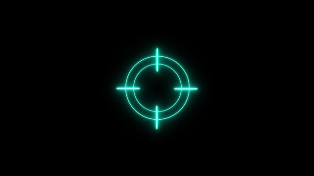 A glowing cyan neon target reticle with circular rings and crosshairs centered on a solid black background for gaming or interface