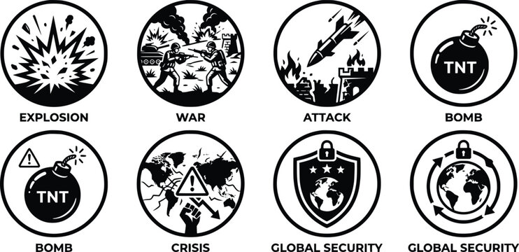 War and global security icon set, 8 black and white circular vector symbols, military conflict and explosion signs, world crisis and defense graphics