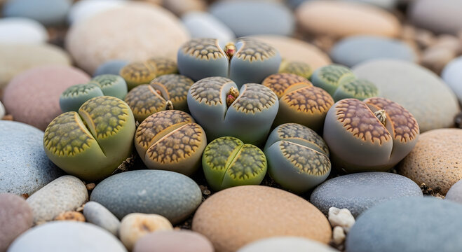 Small living stone succulents growing among smooth grey pebbles