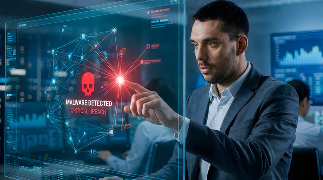 Professional male computer expert using a high tech digital screen to identify and block malware system threats