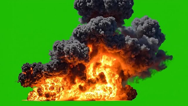 Large fire explosion with thick black smoke on a green screen background