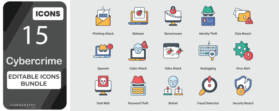 Cyber crime and Cybersecurity Threat Vector Icons Collection