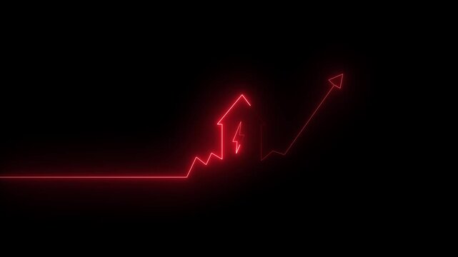 Red neon glowing line of a house with a lightning bolt symbol and an upward trending arrow graph isolated on a solid black background
