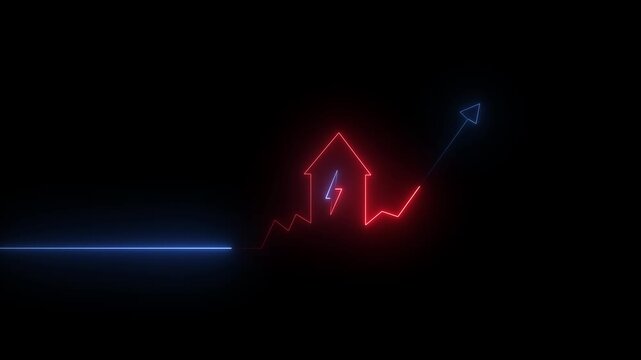 Blue and red neon glowing line of a house with a lightning bolt symbol and an upward trending arrow graph on a black background