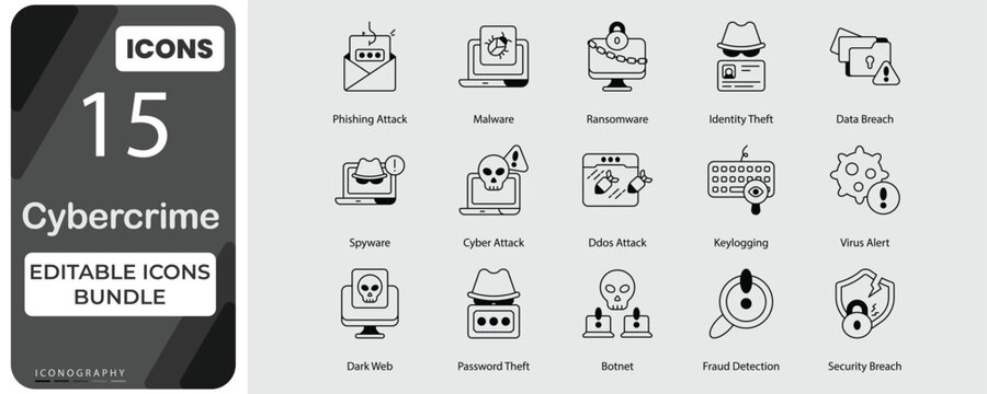Cyber crime and Cybersecurity Threat Vector Icons Collection