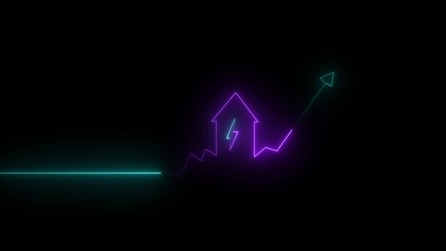 Purple and cyan neon glowing line of a house with a lightning bolt symbol and an upward trending arrow graph on a black background