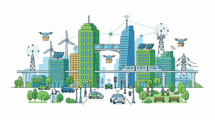 Fototapeta premium A futuristic cityscape with sustainable buildings electric vehicles and drones