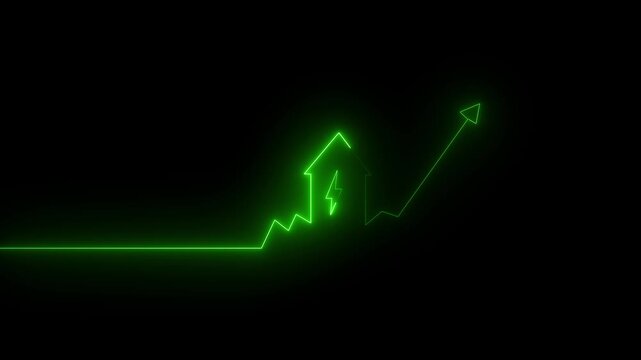 Glowing green neon line of a house with a lightning bolt symbol and an upward trending arrow indicating energy efficiency and growth