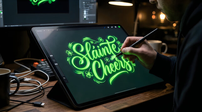 Graphic designer drawing neon green slainte cheers lettering on a digital tablet at a dark workspace desk