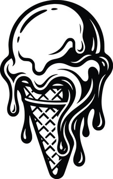 Vintage melting ice cream cone vector illustration, black and white hand drawn summer dessert icon, retro dripping waffle cone graphic