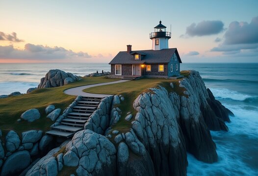 Charming Lighthouse Keeper Cottage on Rocky Shore at Dawn Stunning Seaside Escape