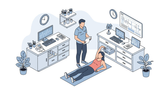 Personal Trainer Assisting Woman With Exercise In Home Office.