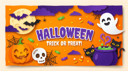 Fototapeta premium Halloween trick or treat banner with cute pumpkin ghost skull cat bats and moon on a bright orange background