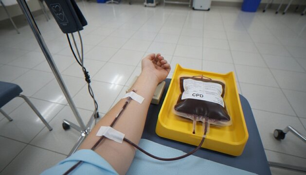 A close-up high-angle view of a person donating blood in a clinic setting with a blood bag filling up during the transfusion process.