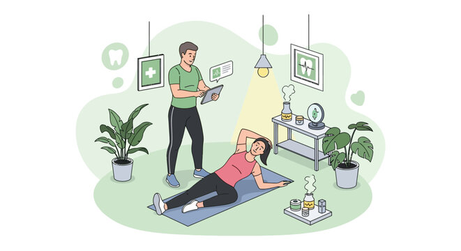 Fitness trainer guiding woman through abdominal exercise at home.