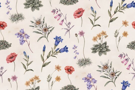 Seamless pattern of vintage botanical featuring colorful wildflowers, poppies, bellflowers, and edelweiss on a textured cream background